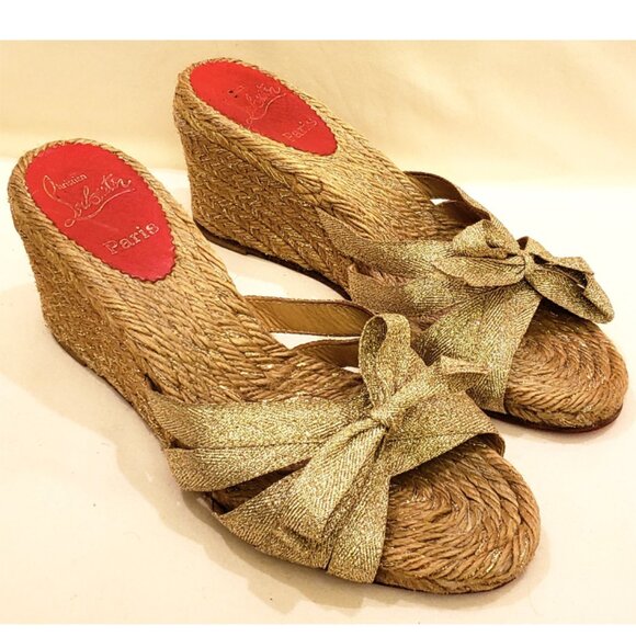 Christian Louboutin Gold Metallic Raffia Wedge Heels Shoes Size -EU 39/US ~9
